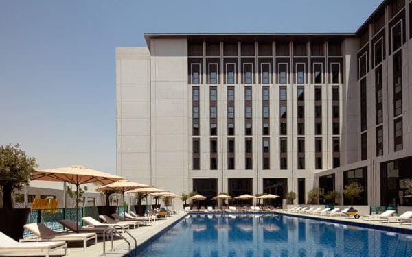 Pool area at Rove at the Park Hotel in Dubai