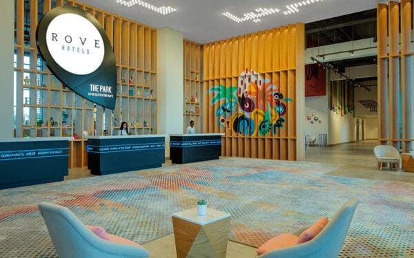 Front office area view of Rove at the Park Hotel in Dubai