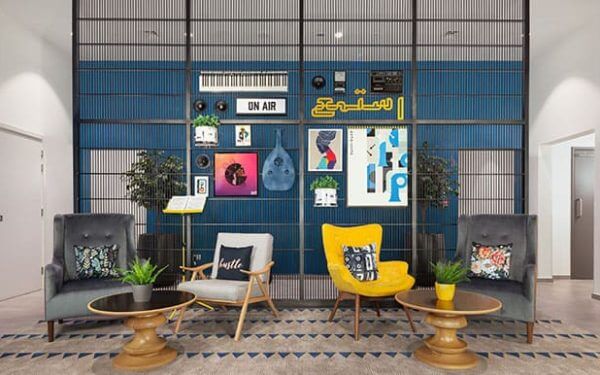 Lobby of Rove City Walk Hotel in Dubai