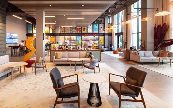Rove Downtown Hotel lobby with modern and welcoming design